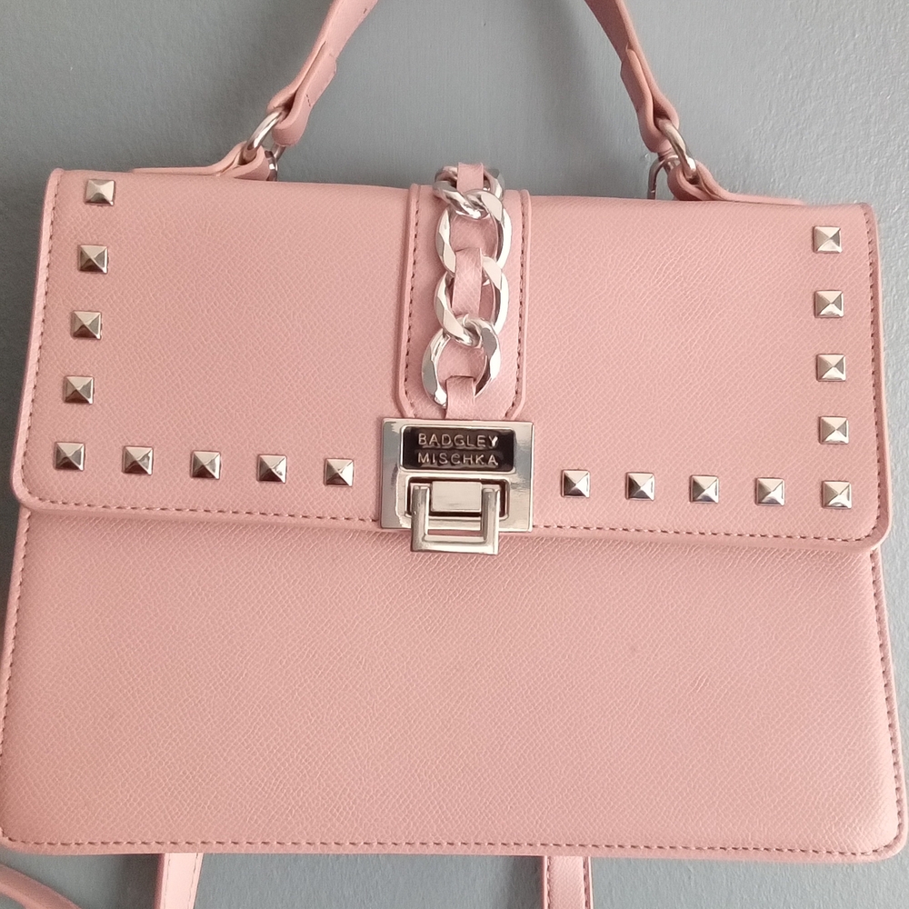 Badgley Mischka Blush Pink Studded Chain Satchel Crossbody Bag